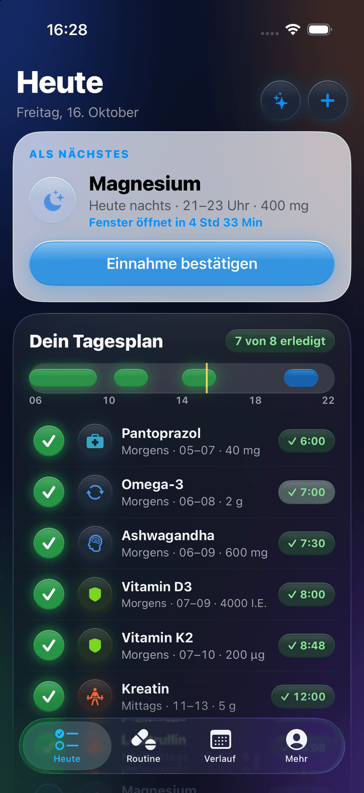 DoseSimple Heute-Ansicht im Dark Mode „Midnight Glass“