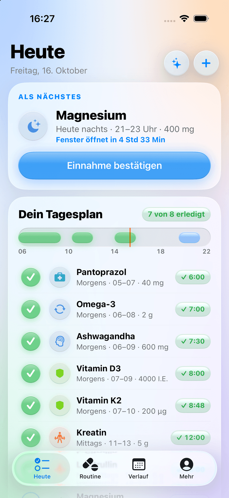 DoseSimple Heute-Ansicht: als Nächstes, Tagesplan mit Zeitfenstern und erledigten Einnahmen